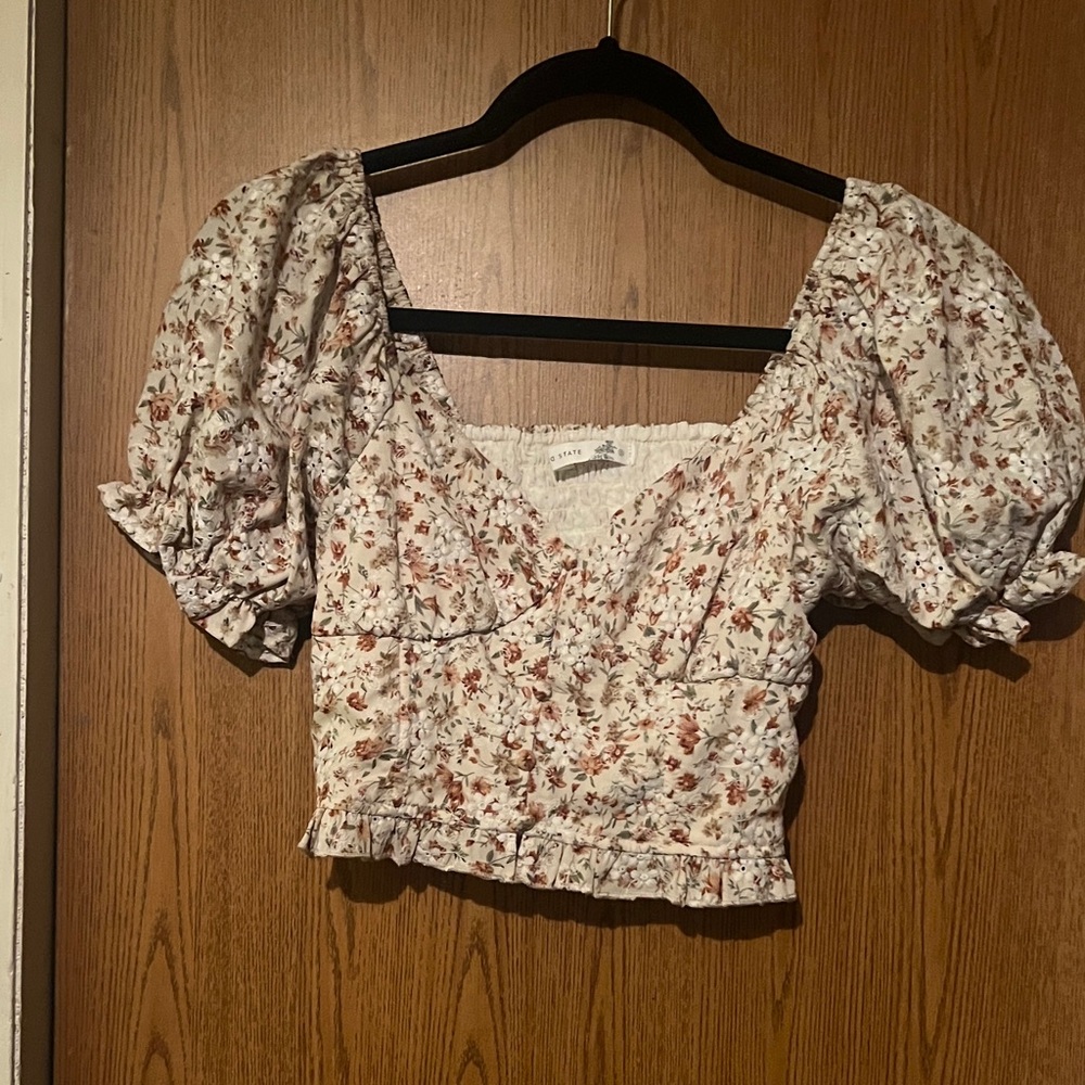 Altar'd State Floral Puff Sleeve Blouse - Cream and Brown